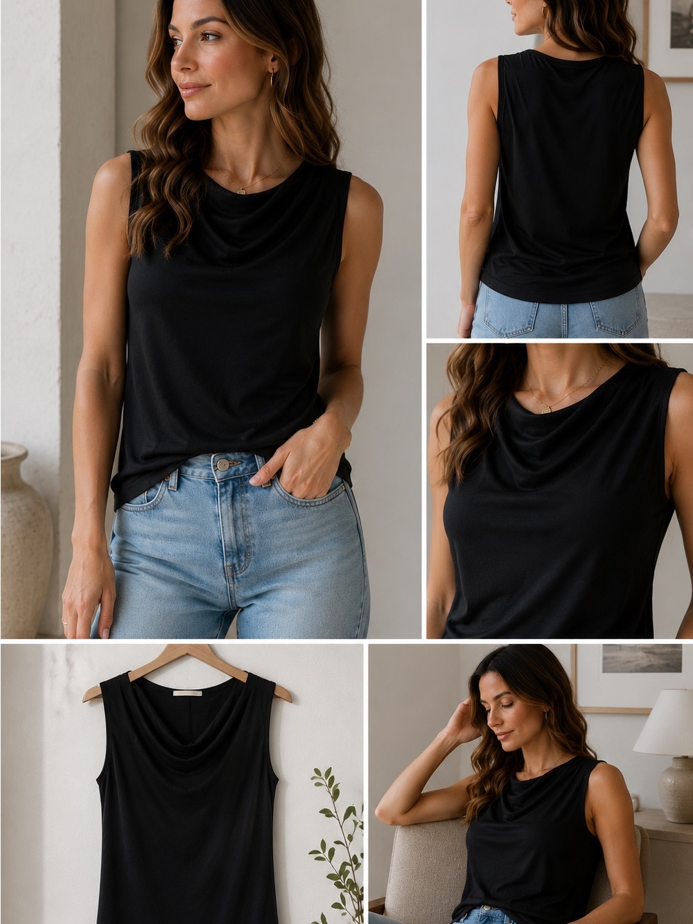 MICHAEL Michael Kors Black Draped Neck Sleeveless Tank